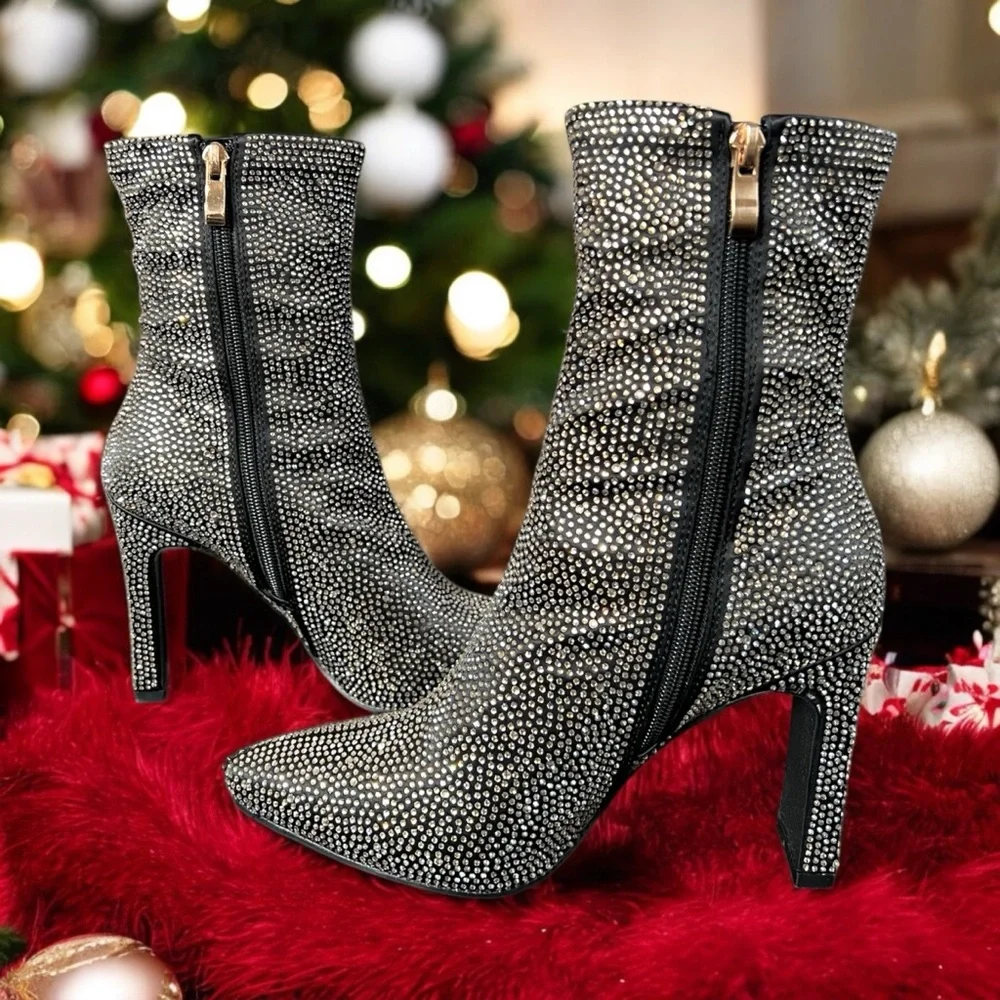 BILLINI- BRITTANY BLACK SATIN-RHINESTONE BOOTIE SIZE 6